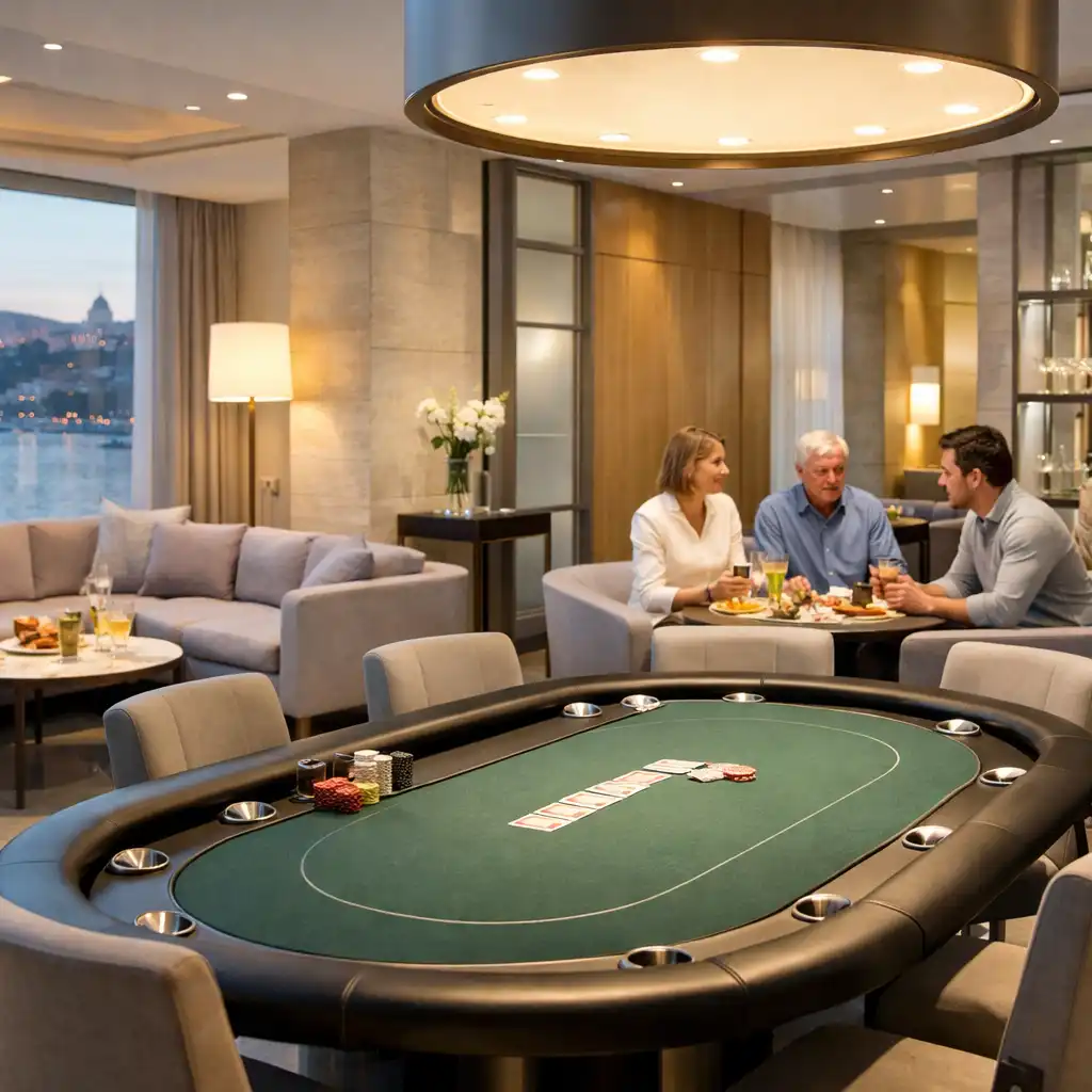 Világos esti Card Lounge és Card Room enteriőr valódi asztallal, társasággal és koktélokkal.