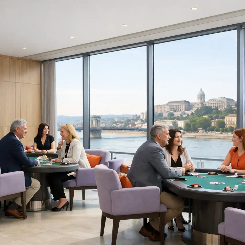 Világos Duna-parti Card Lounge nagy ablakokkal, beszélgető vendégekkel és fizikai asztalokkal.