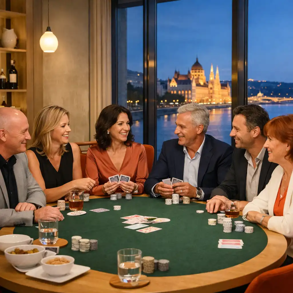 Kis társaság fizikai pókerasztal körül a FiresideBistro Card Roomjában