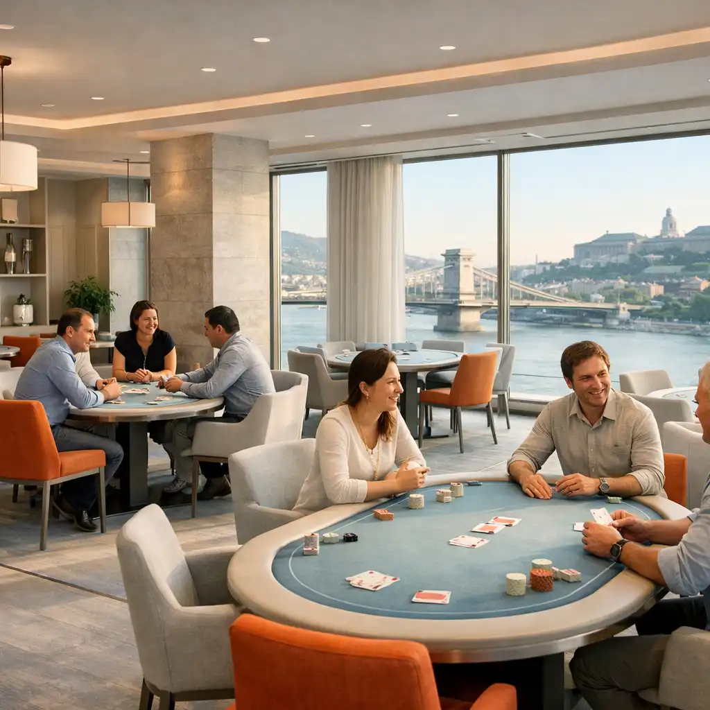 Világos riverside Card Room fizikai pókerasztalokkal és nagy ablakokkal Budapesten