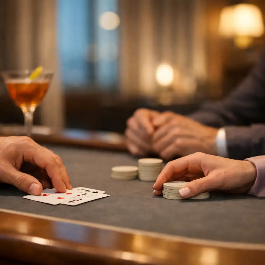 Kezek valódi kártyákkal és semleges zsetonokkal egy Card Room asztalánál