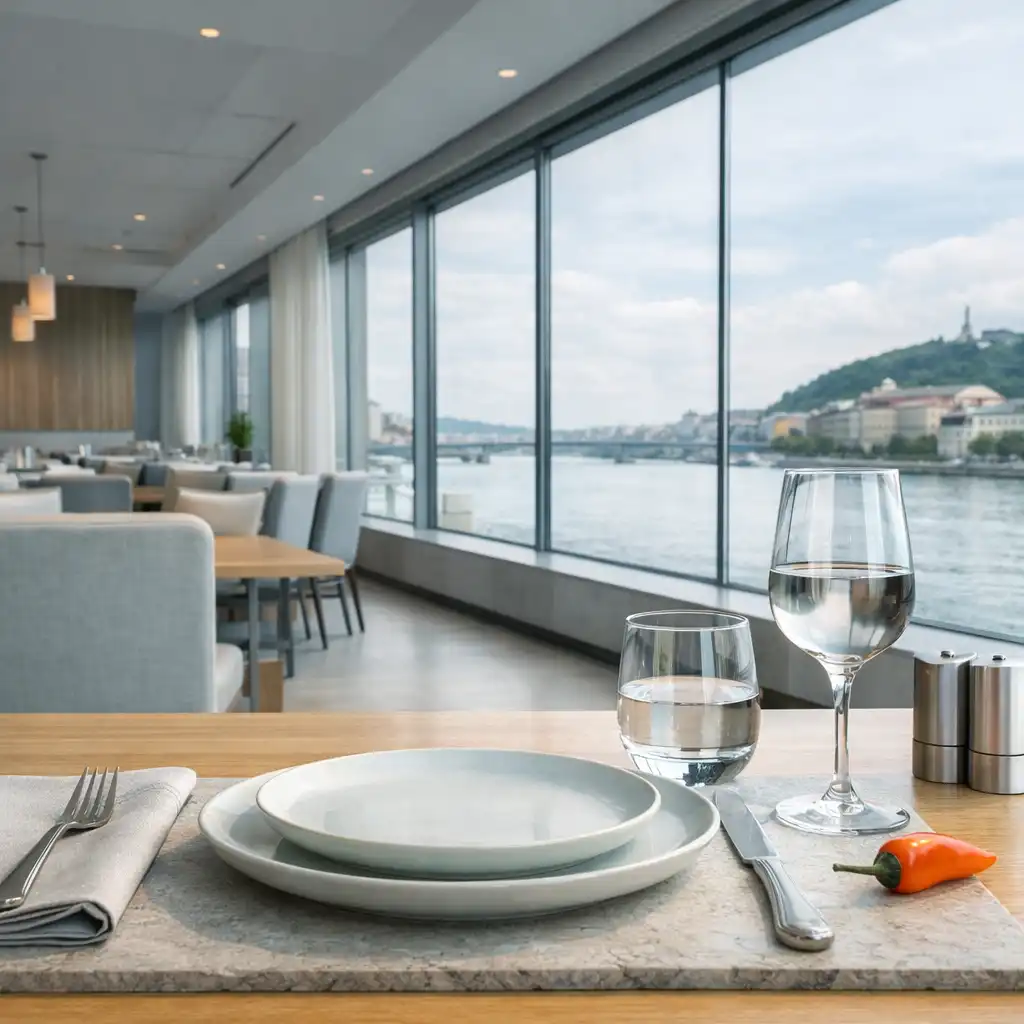 Világos riverside étteremtér panorámaablakokkal és elegánsan terített asztallal