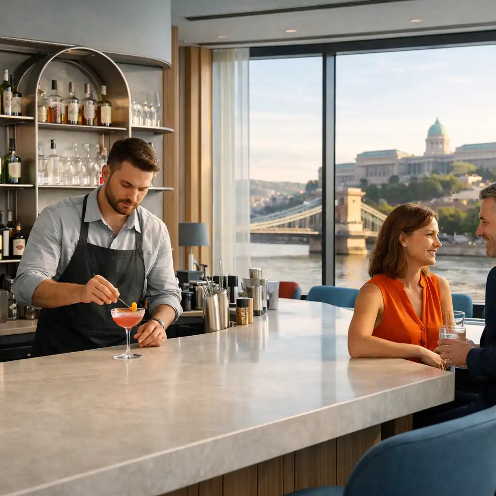 Világos, riverside hangulatú FiresideBistro bár bartenderrel és beszélgető vendégekkel