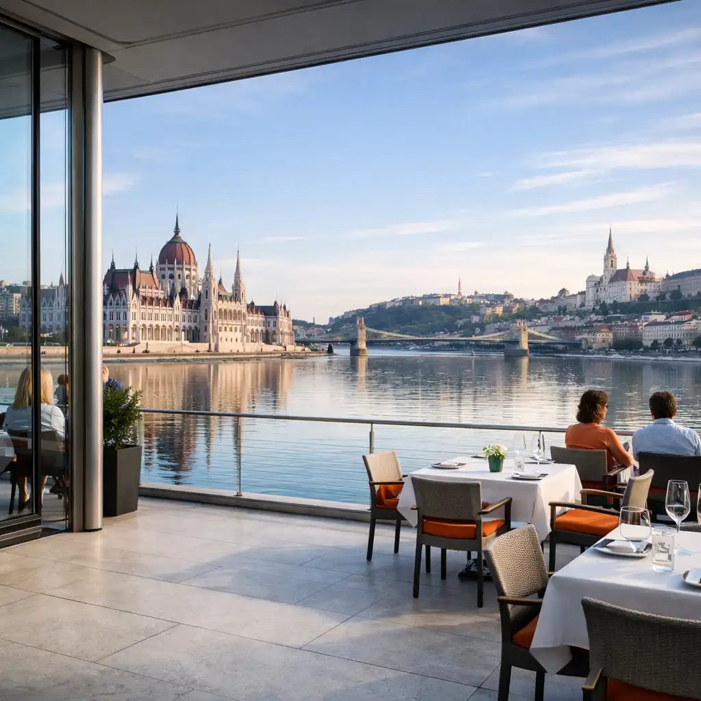 Napfényes budapesti riverside látkép a Duna és egy kortárs éttermi terasz felé