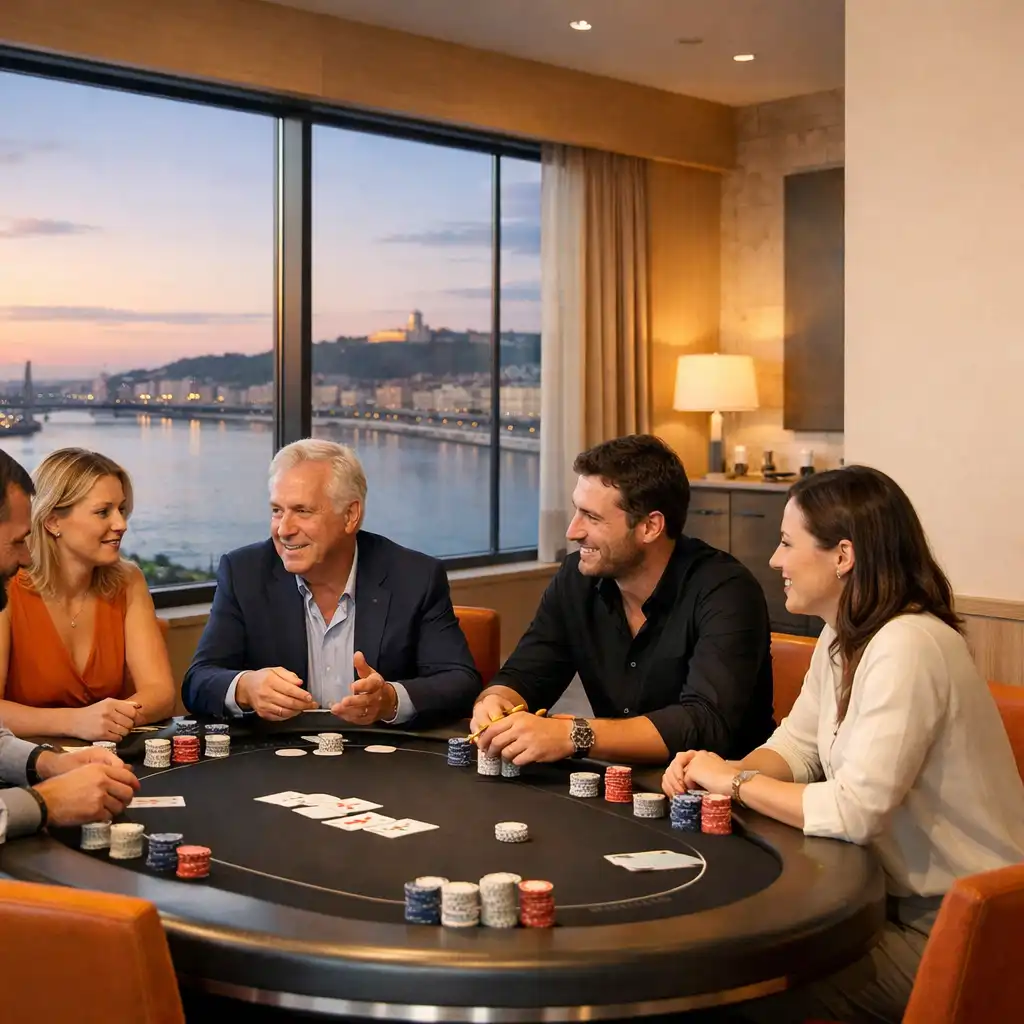 Vendégek egy valódi fizikai pókerasztal körül a FiresideBistro Duna-parti Card Room terében